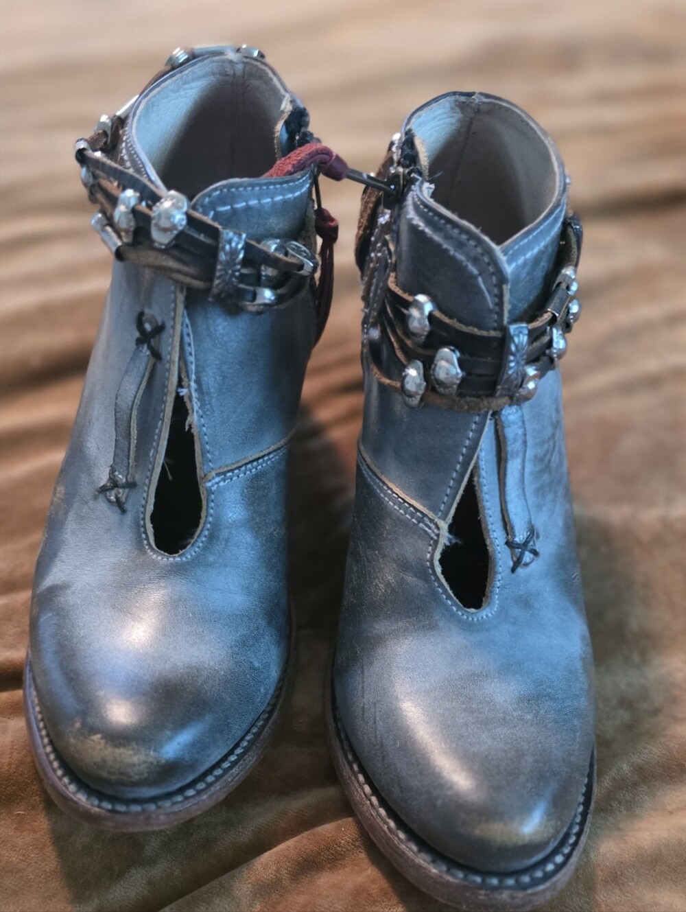freebird Blue Distressed Leather Ankle Booties with Beaded Strap
